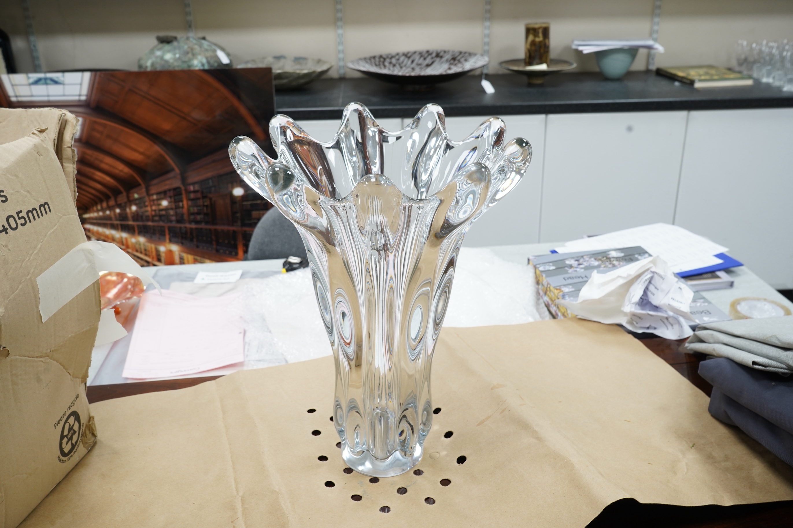 Vannes - Large 1960's clear crystal glass vase, 39cm high